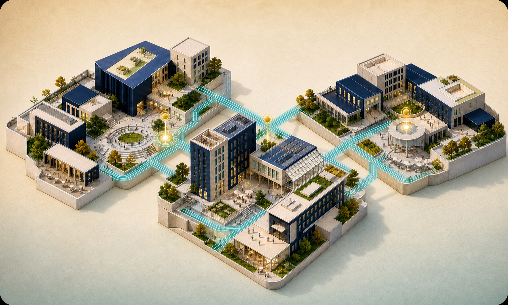 Conceptual isometric view of a connected campus district with learning, gathering, dining, outdoor and partnership spaces