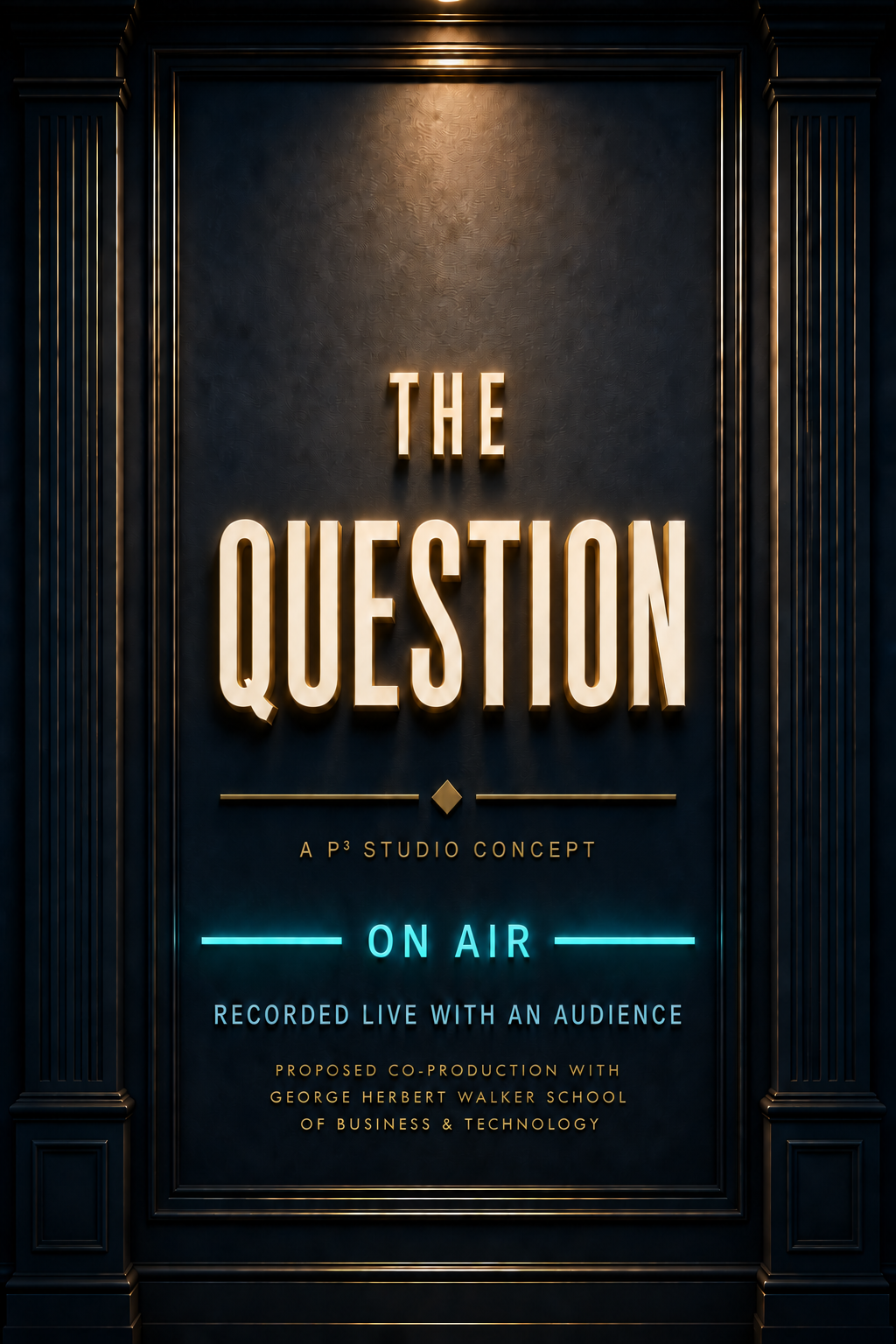 The Question portrait studio sign with P³ Studio concept and proposed Walker School co-production credits, On Air and Recorded Live with an Audience