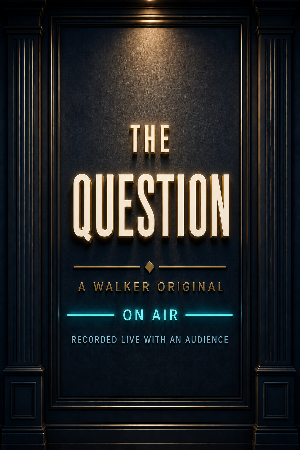 The Question portrait studio sign with A Walker Original, On Air and Recorded Live with an Audience