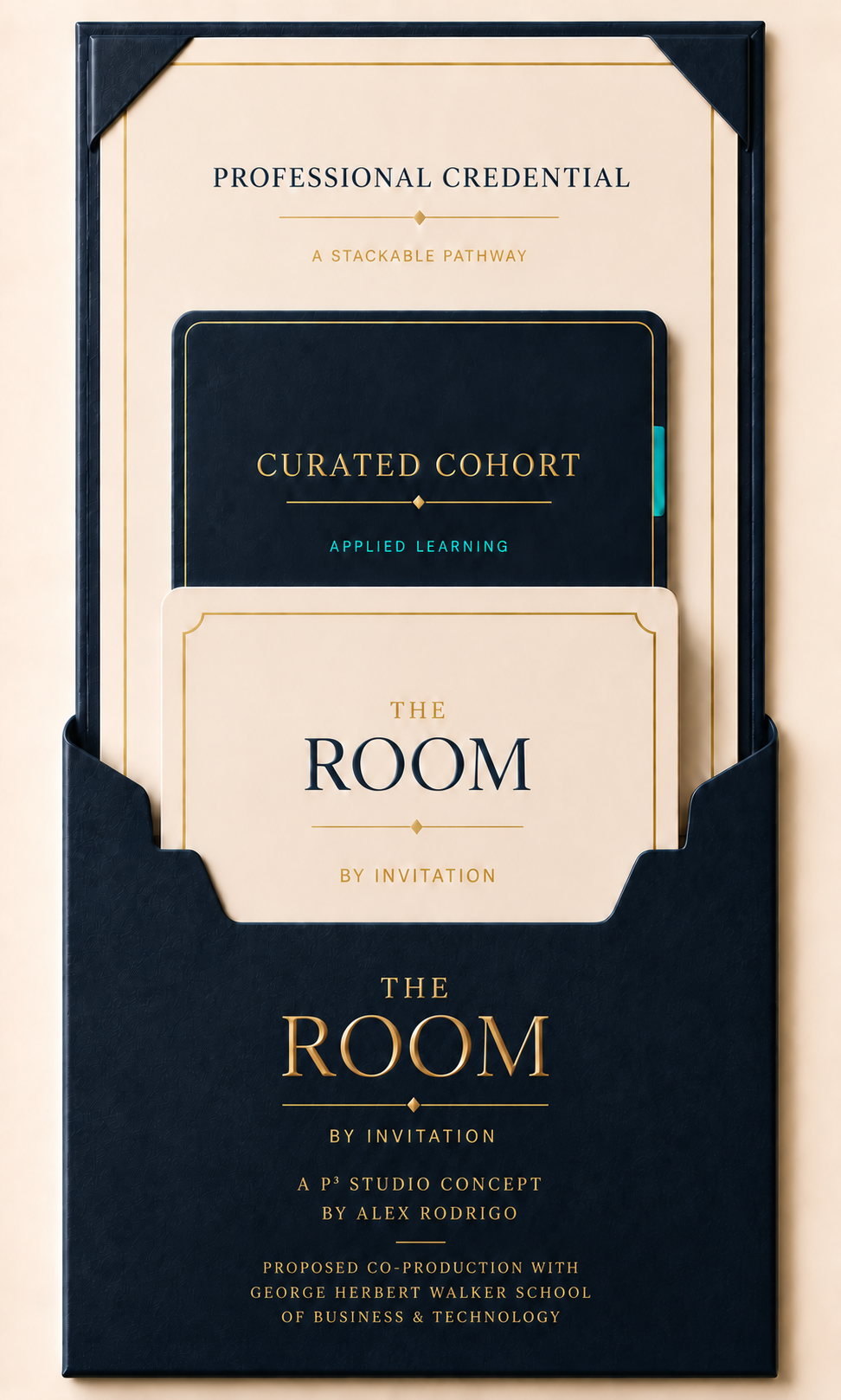 The Room progression from invitation to curated cohort to professional credential and stackable pathway, a P³ Studio concept by Alex Rodrigo proposed for development with Webster