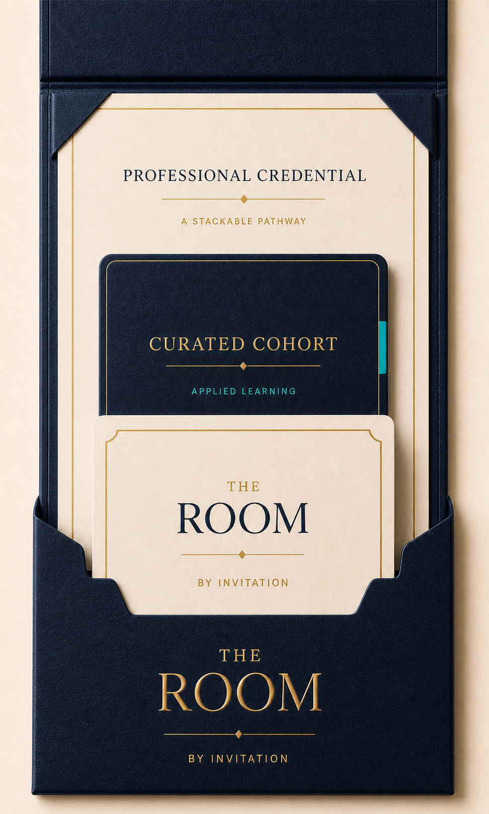 The Room progression from invitation to curated cohort to professional credential and stackable pathway